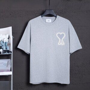 Ami Paris Gray T-Shirt with Patch Heart Logo